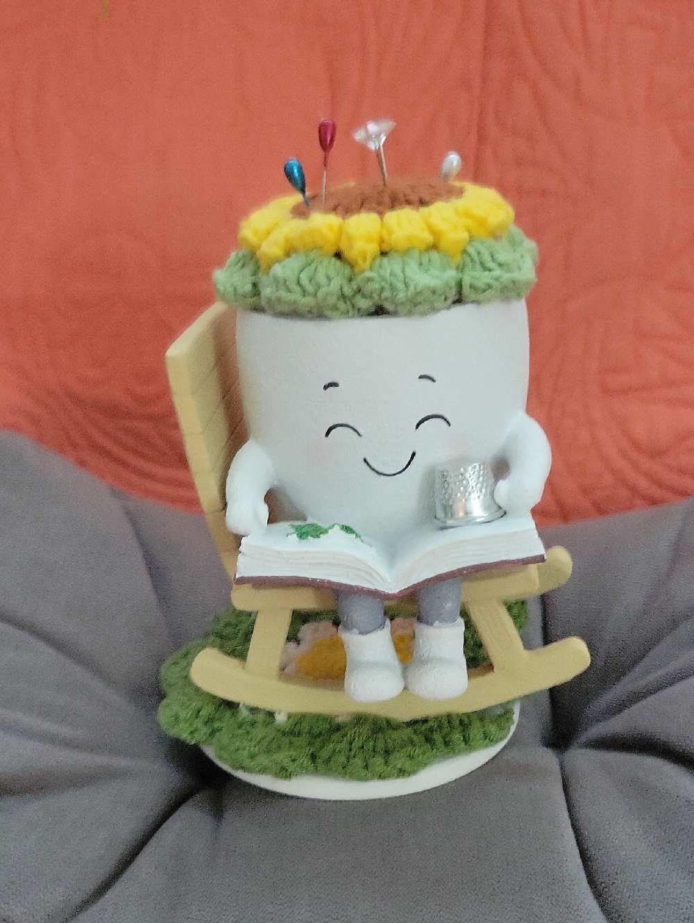 Handcrafted White Ceramic Pin Cushion Holder with Green and Yellow Accents
